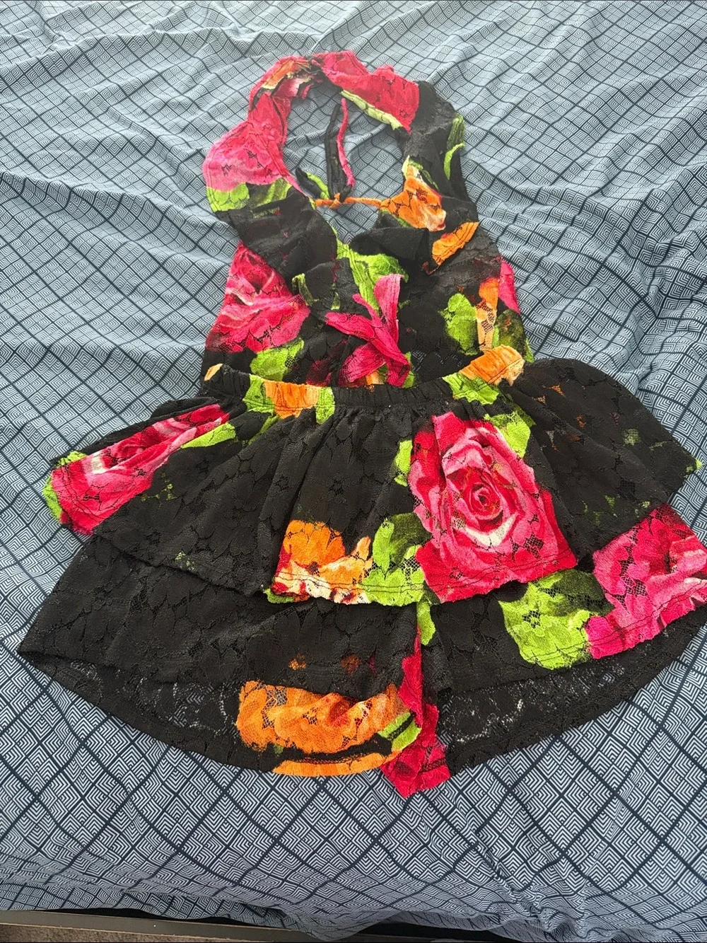 Fashion Nova Black Floral Lace Tiered Skirt with Pink, Green & Orange Roses